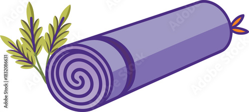 Rolled up purple yoga mat with green plant sprigs