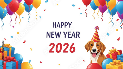 Festive Happy New Year 2026 celebration with dog and colorful decorations
