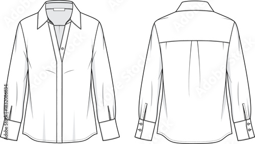 Women’s blouse technical fashion sketch, front and back view, button-down design, garment flat drawing, apparel template, clothing illustration, vector