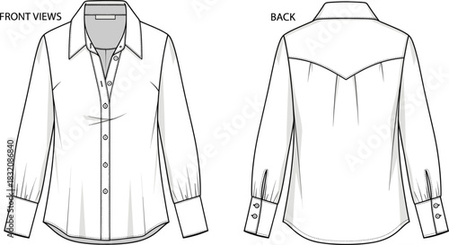 Women’s button-up shirt technical fashion sketch, front and back view, garment flat drawing, apparel design template, clothing illustration, vector