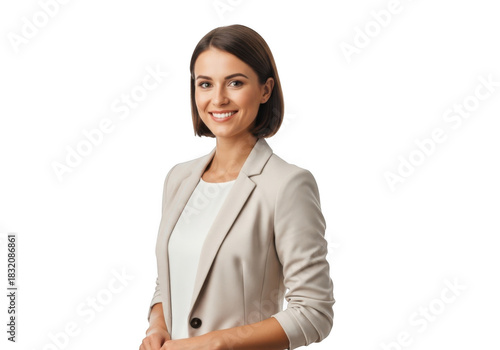 Professional young woman in a light colored blazer smiling confidently isolated on transparent background