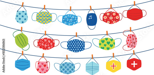 Colorful face masks hanging on clotheslines, patterned designs, health protection, hygiene gear, pandemic safety, creative display, clothespins, flat vector