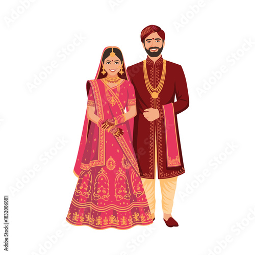 Traditional Indian Bride and Groom Wedding Couple in Cultural Attire – Vector Illustration