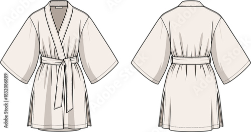 Wrap robe technical fashion sketch, front and back view, belted waist design, wide sleeves, garment flat drawing, apparel template, vector