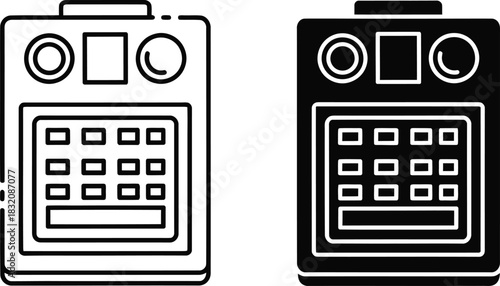 Vactor Black and white line art and solid fill icons of a vintage audio device music