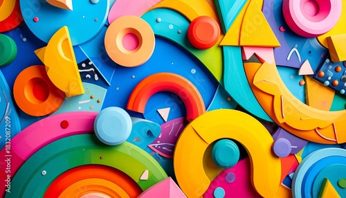 Fun and colorful abstract shapes, circles, triangles, squiggles, bright cheerful palette, cartoonish kid-friendly style