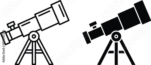 Vactor Black and white line art and solid silhouette icons of a telescope on a tripod 1