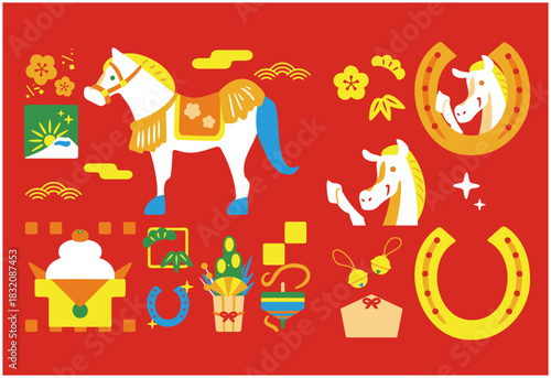 お正月の縁起物が散りばめられた年賀状素材