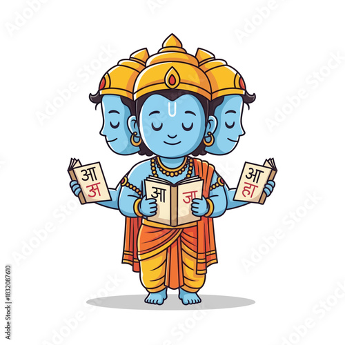 Charming illustration of Hindu God Brahma reading holy books, perfect for educational materials or cultural celebrations