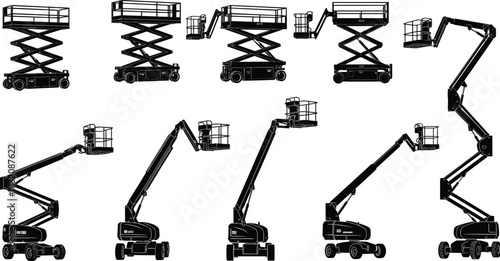 Aerial work platform silhouettes, scissor lifts, boom lifts, construction equipment, industrial access machines, elevation tools, black icons, flat vector