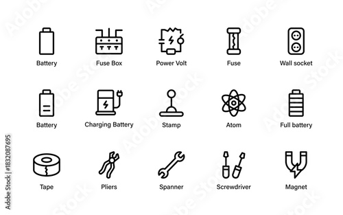 Electrical utility icons. Showcase energy parts, charging symbols, wiring devices, renewable elements, and high voltage components