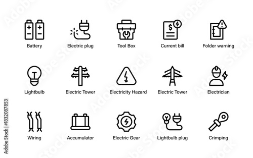 Electrical component icons. Cover power parts, charging symbols, wiring elements, renewable devices, utilities, and high voltage features