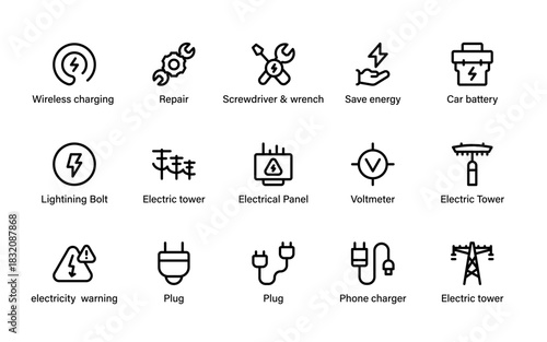 Electrical charging icons. Present power tools, energy components, renewable features, wiring devices, and modern utility elements