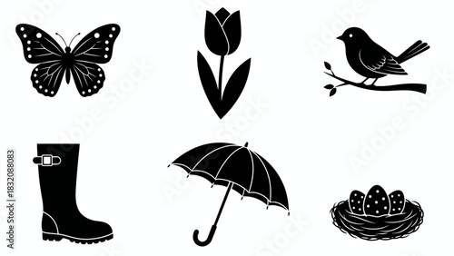 Black and white spring icons butterfly tulip bird boot umbrella nest on white background