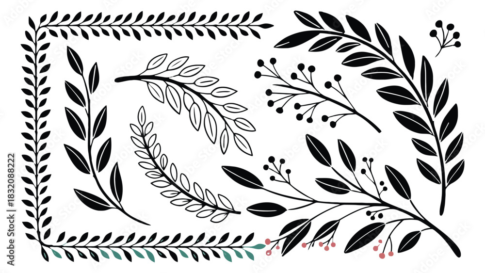 Fototapeta premium Decorative plant sprigs and borders on white.