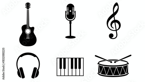 Collection of musical instruments and audio equipment icons on white background, Vector, EPS