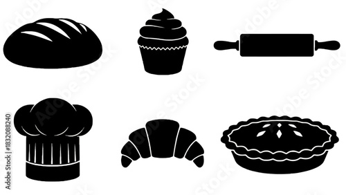 Baking icons featuring bread cupcake rolling pin chef hat croissant and pie on white background, Vector