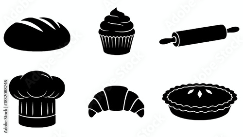 Collection of baking icons and pastry illustrations on white background