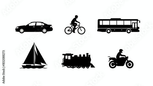 Collection of silhouetted transportation vehicles and modes on white background, Vector, EPS
