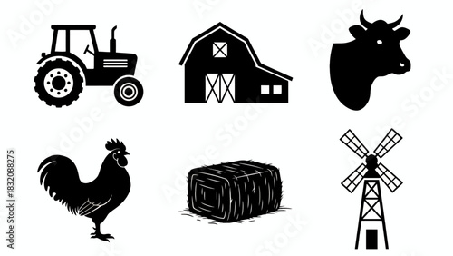Farm silhouettes of tractor barn cow rooster hay bale and windmill on white background, Vector, EPS