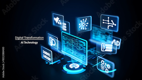 Abstract glowing blue digital interface with interconnected data icons and futuristic technology elements on a dark background