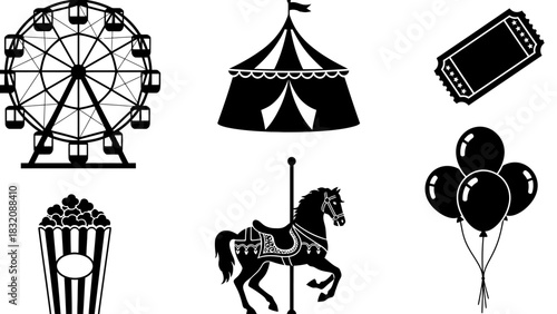 Classic carnival and fair icons in silhouette style on white background