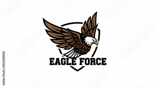 Majestic eagle soaring with eagle force emblem on white background, Vector, Logo, EPS