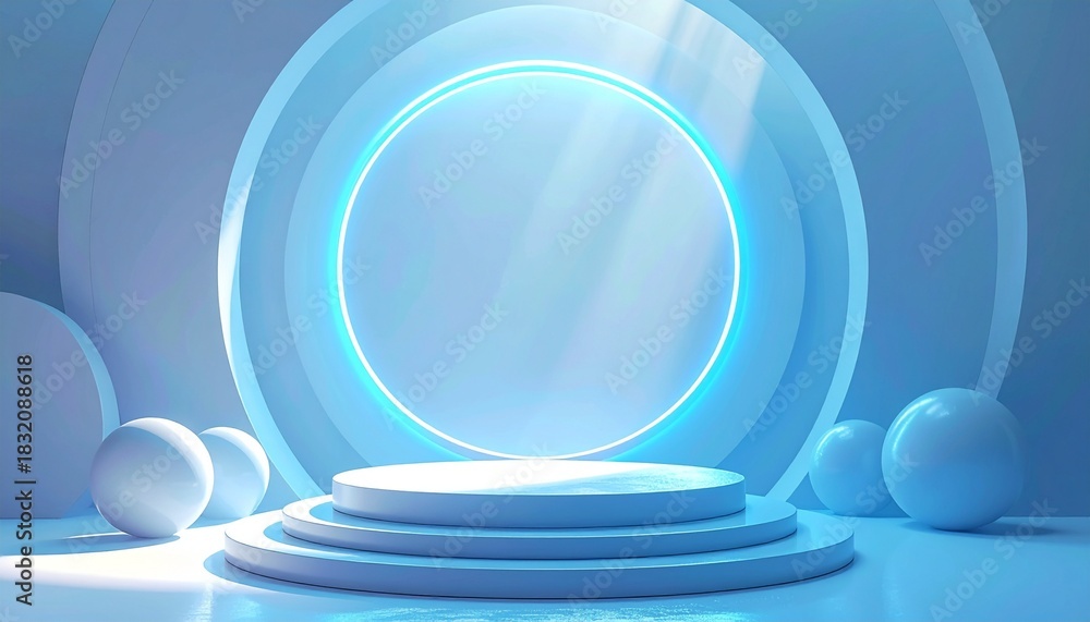 Obraz premium 3D realistic white cylinder pedestal podium background with round circles overlap in blue hologram