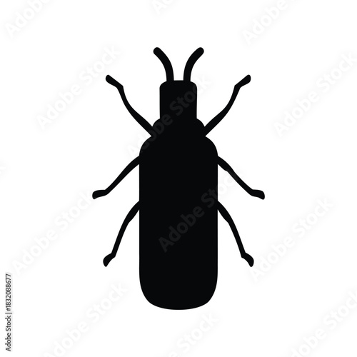 A minimalist black silhouette of a beetle against a white background