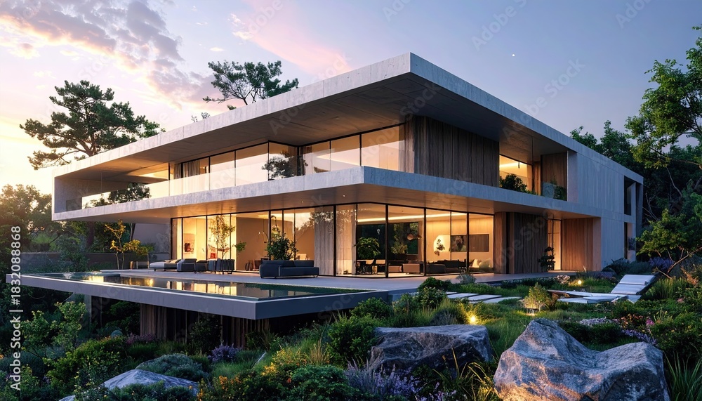 Obraz premium Modern Luxury Residence with Infinity Pool and Lush Landscaping at Golden Hour