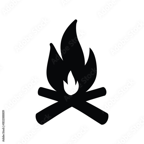 Simple black and white illustration of a bonfire with flames and logs