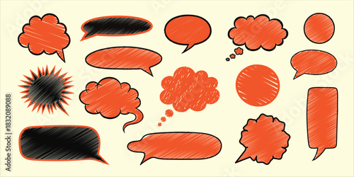 Hand drawn speech bubbles in orange and black on cream background