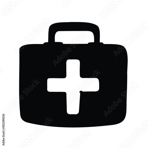 Simple black silhouette of a first aid kit with a white cross