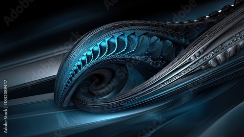 Fototapeta Naklejka Na Ścianę i Meble -  A close-up of a complex 3D abstract structure with a swirling, organic shape. The image is dominated by shades of blue and gray, with intricate details and a se