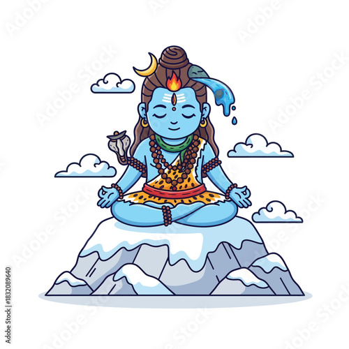 Meditating Shiva on snowy mountain with moon and cobra for peaceful spiritual vibes, perfect for yoga and meditation imagery