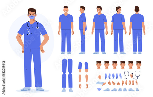 Male paramedic character constructor for animation. Emergency specialist  wearing uniform and facial mask. Front, side and back view set. Vector illustration.