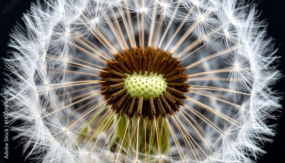 Obraz premium Macro close up of a dandelion seed head with delicate white parachutes radiating from a dark brown center against a black background