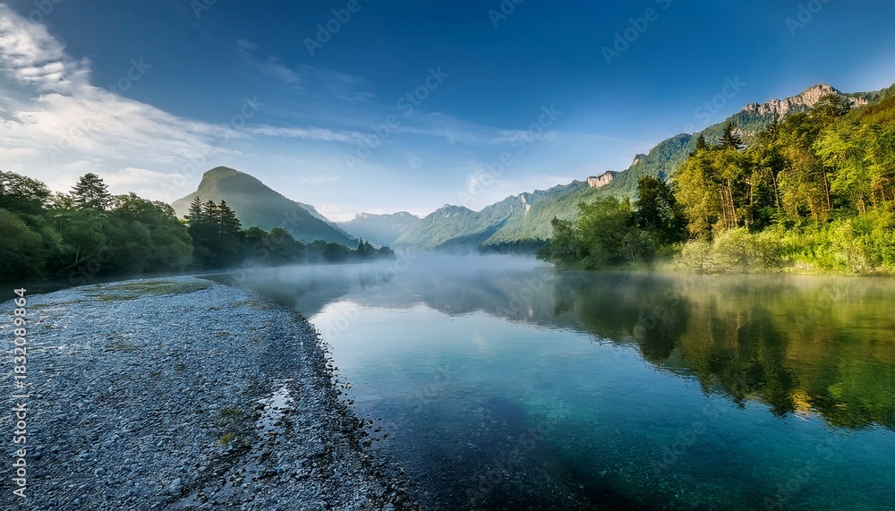 Fototapeta premium morning fog a tranquil river beneath mountain peaks