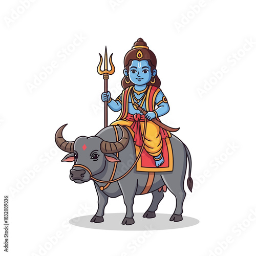 Illustrative depiction of Yama riding a buffalo with a trident, perfect for educational or cultural projects and celebrating Hindu tradition