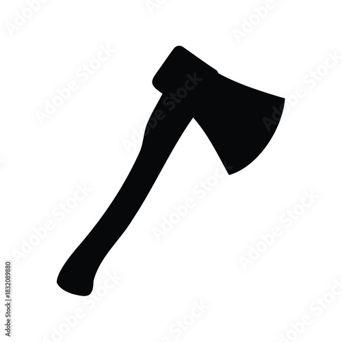 Simple black silhouette of a camping axe on a plain white background