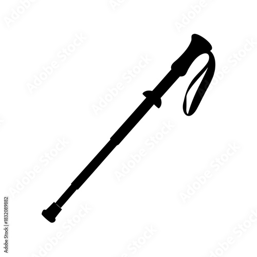 Hiking Stick Silhouette on White Background, Walking Pole for Adventure