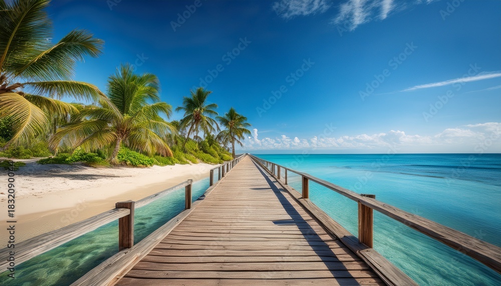 Obraz premium scenic wooden boardwalk leading to tranquil beach with palm trees inviting visitors to enjoy the serene coastal landscape and clear blue waters