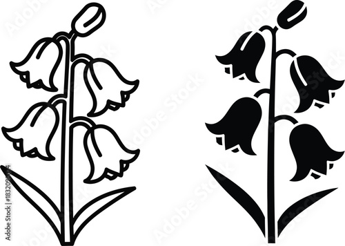 Vactor Black and white outline and silhouette of bell shaped flowers on stems floral