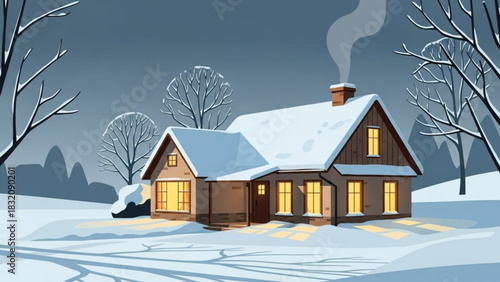 Winter landscape house covered in snow illustration vector design for christmas holiday season scene art