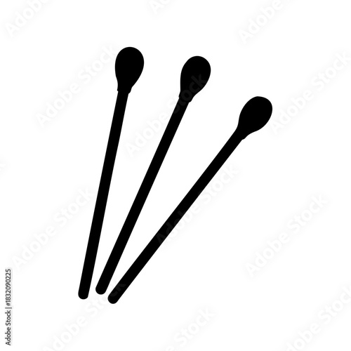 Three simple black silhouette outline drawing of cotton swabs on white backdrop