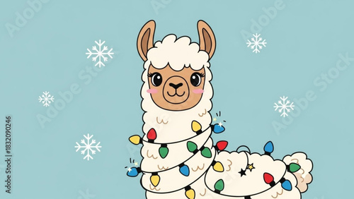 Cute christmas llama with holiday lights vector illustration for christmas designs and winter decorations