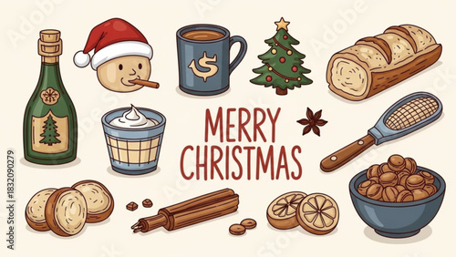 Merry christmas holiday food and drink illustration with santa champagne and christmas tree design vector art