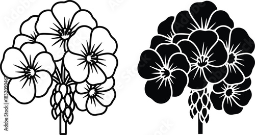 Vactor Black and white outline and silhouette of cluster of flowers with buds floral