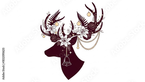 Floral deer head with christmas ornaments and bell vector illustration for holiday season design element