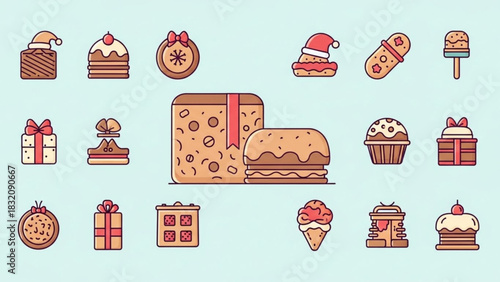 Christmas sweets holiday desserts vector illustration set christmas gift cake cupcake ice cream panettone design